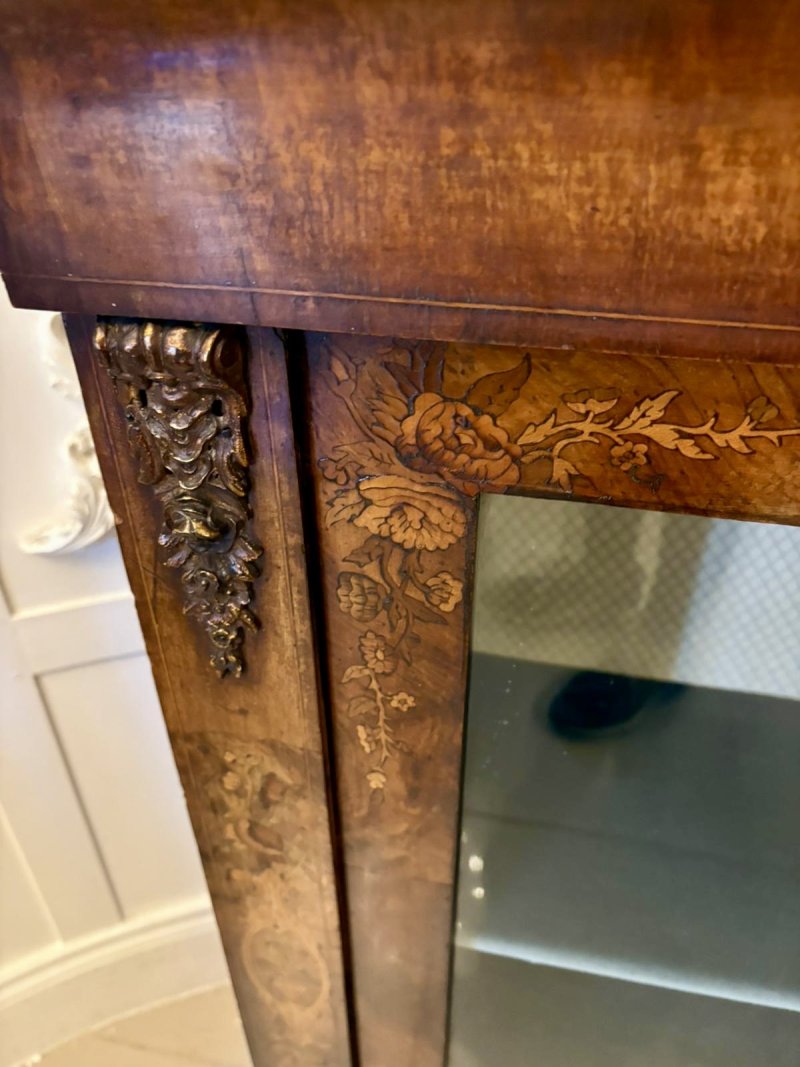 Antique Victorian Quality Figured Burr Walnut & Marquetry Inlaid Display Cabinet